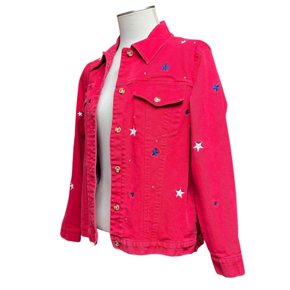 The Quacker Factory Denim Jacket Stars Rhinestones Red Small - Picture 2 of 8